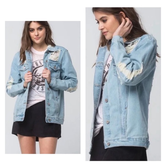 BOOM BOOM JEANS Destroyed Distressed Denim Jacket L - Picture 7 of 16